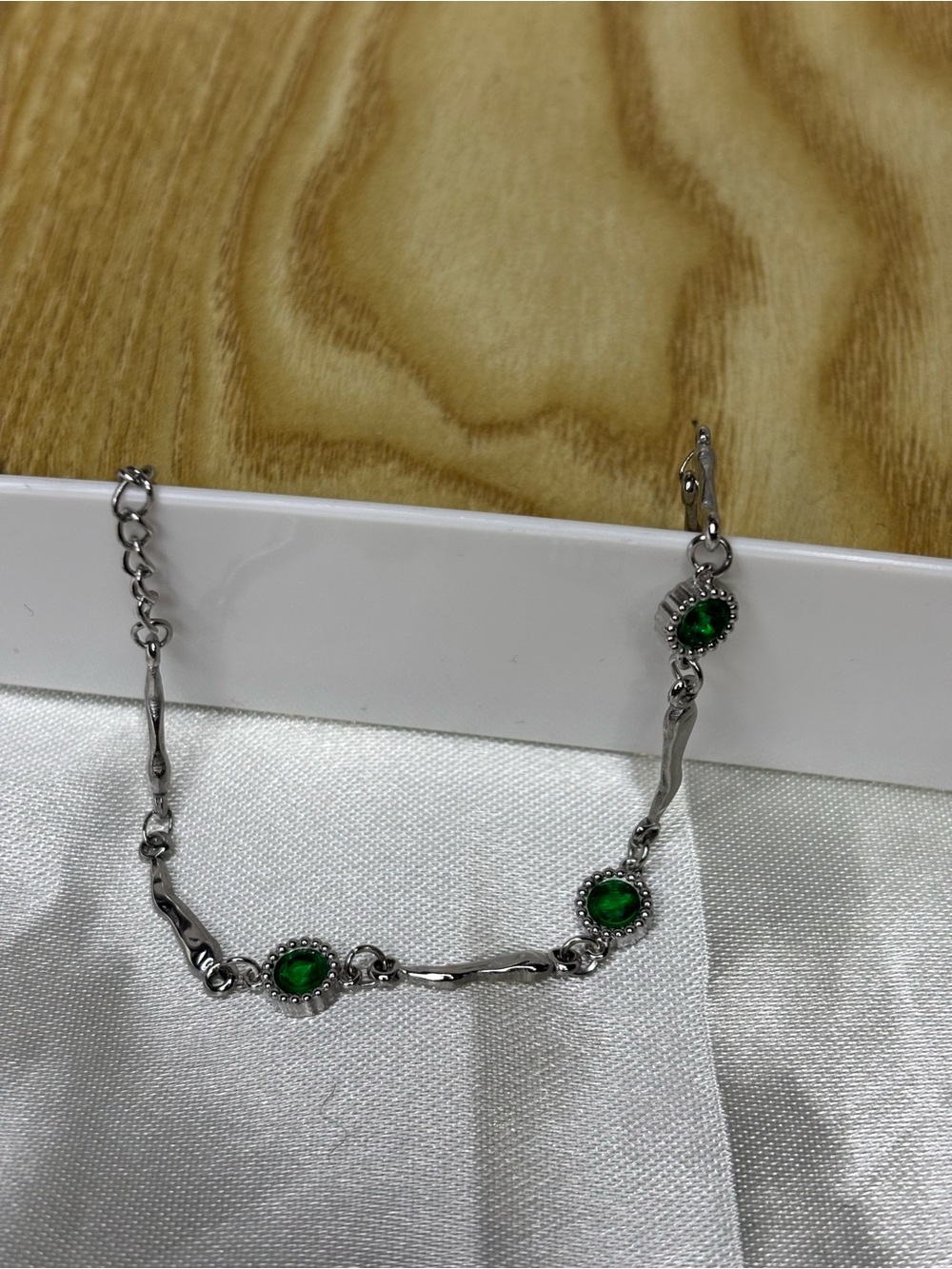 Stainless Steel Silver Bracelet with Green rhinestone Accents